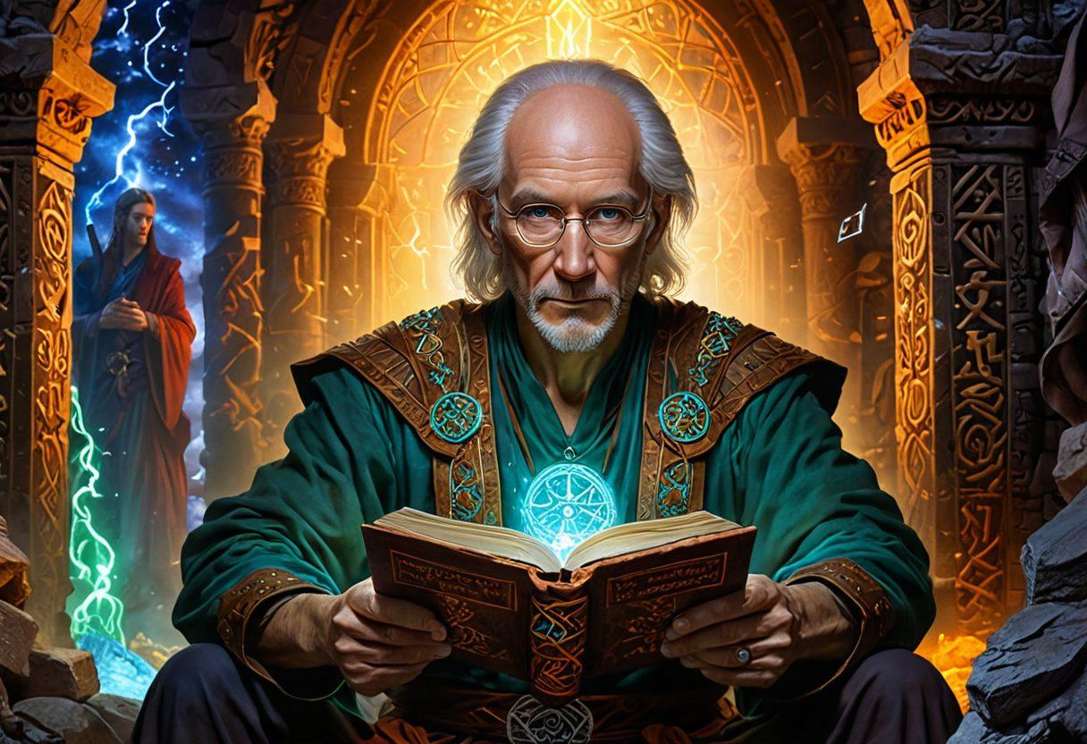 A portrait of Steven Erikson surrounded by ethereal, otherworldly elements from his fantasy saga, such as ancient ruins, mythical creatures, and glowing runes. The vibrant colors should capture the mystique and complexity of his world. Erikson should be depicted with a thoughtful expression, perhaps holding an ancient tome. painting. vibrant colors.