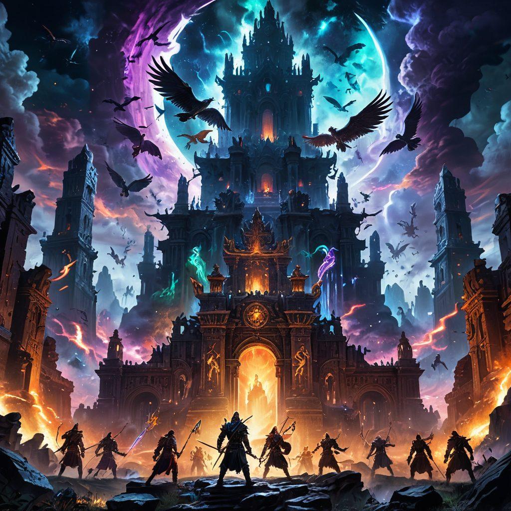 A grand, sprawling fantasy world with towering, ancient ruins, massive armies clashing on vast war-torn landscapes, and mythical creatures soaring in the dark, turbulent skies. Central characters from the series, depicted in detailed, epic poses, surrounded by swirling mystic energies and ancient, cryptic symbols. painting. vibrant colors. dramatic lighting.