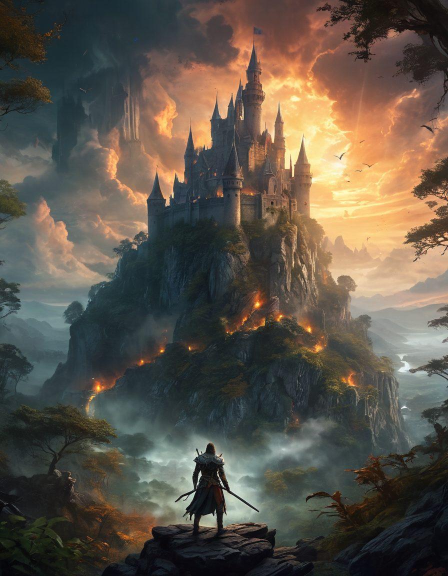 A sprawling, mystical landscape with towering fantasy castles, ancient ruins, and dense, enigmatic forests. Central figures include a fierce warrior holding a glowing sword, a mysterious mage casting spells, and a shadowy assassin lurking. The background features mythical creatures like dragons and spirits soaring above epic battles. Dark, moody sky with a hint of celestial light breaking through. Digital painting. rich colors. intricate details. dark fantasy ambiance.